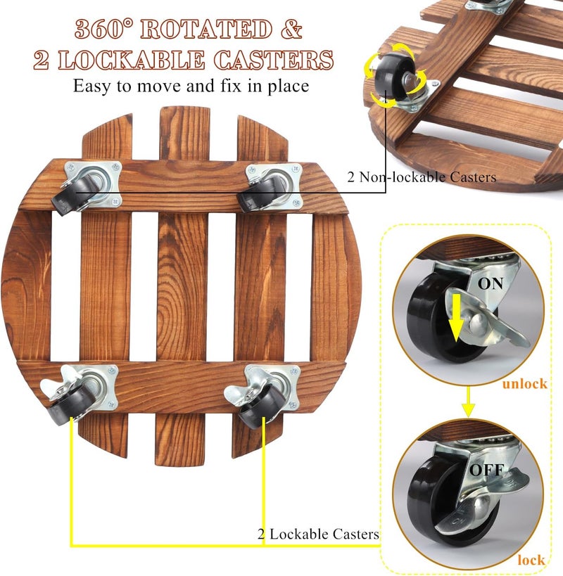 PRAQECZ 2 Pack 12" Plant Caddy with Wheels, Rolling Plant Stand 220 LB Heavy Duty Wooden Round Plant Dolly with Metal 360° Lockable Caster Wheels for Outdoor Indoor Large Plant Pots, Flower Pot, Patio - Image 5